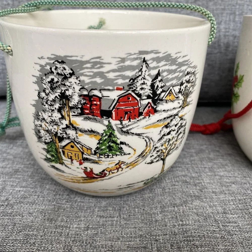 Vintage Ceramic Hanging Planter Christmas Country Sleigh Holly Berry Set of 2